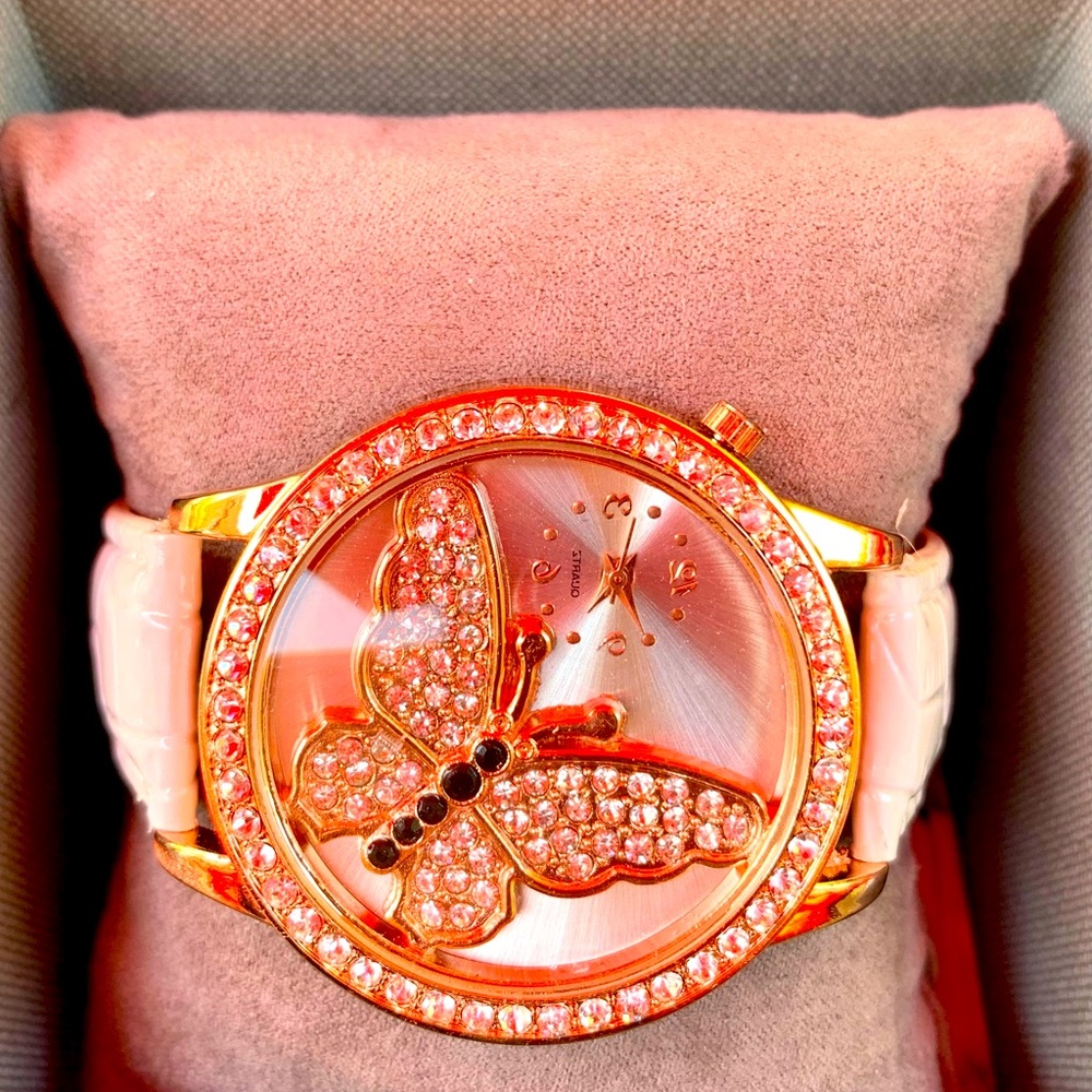 Oversized rose/gold w stones butterfly watch